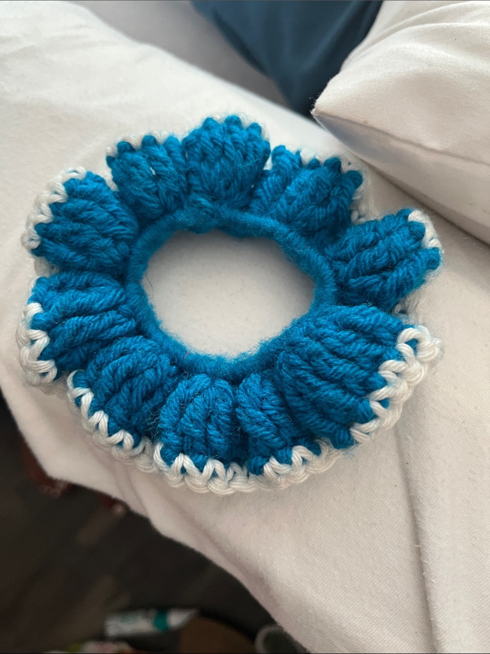 Handcrafted Blue and White Crochet Scrunchie - Women's Hair Accessory